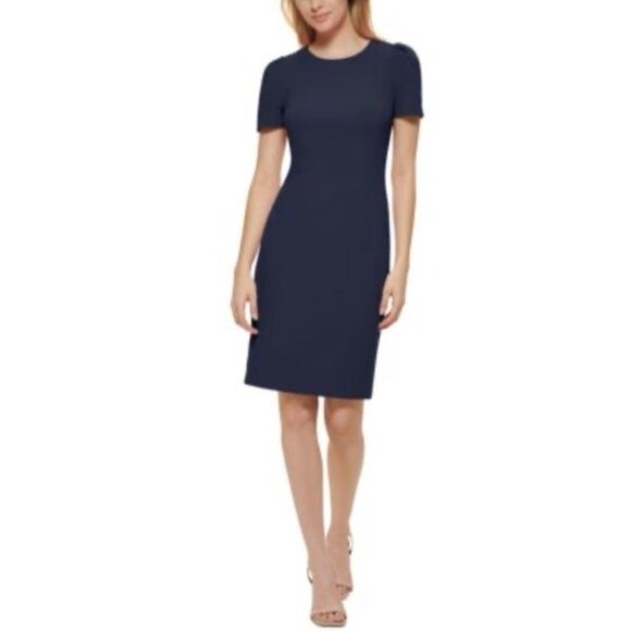 Calvin Klein Scuba Sheath Dress 14 Navy Blue Short Sleeve Stretch Career Church - Picture 1 of 9